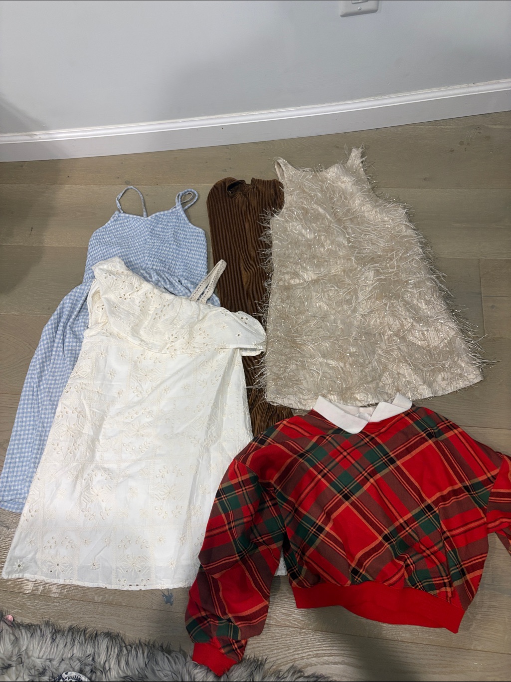 Mixed Dress & Top Bundle - White Eyelet, Blue Gingham, Holiday Pieces (5 Items)
